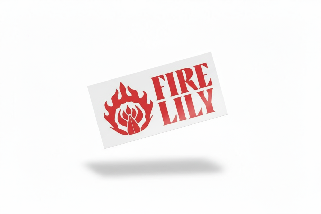 Hand holding a card with 'Fire Lily' logo and text against a blurred background