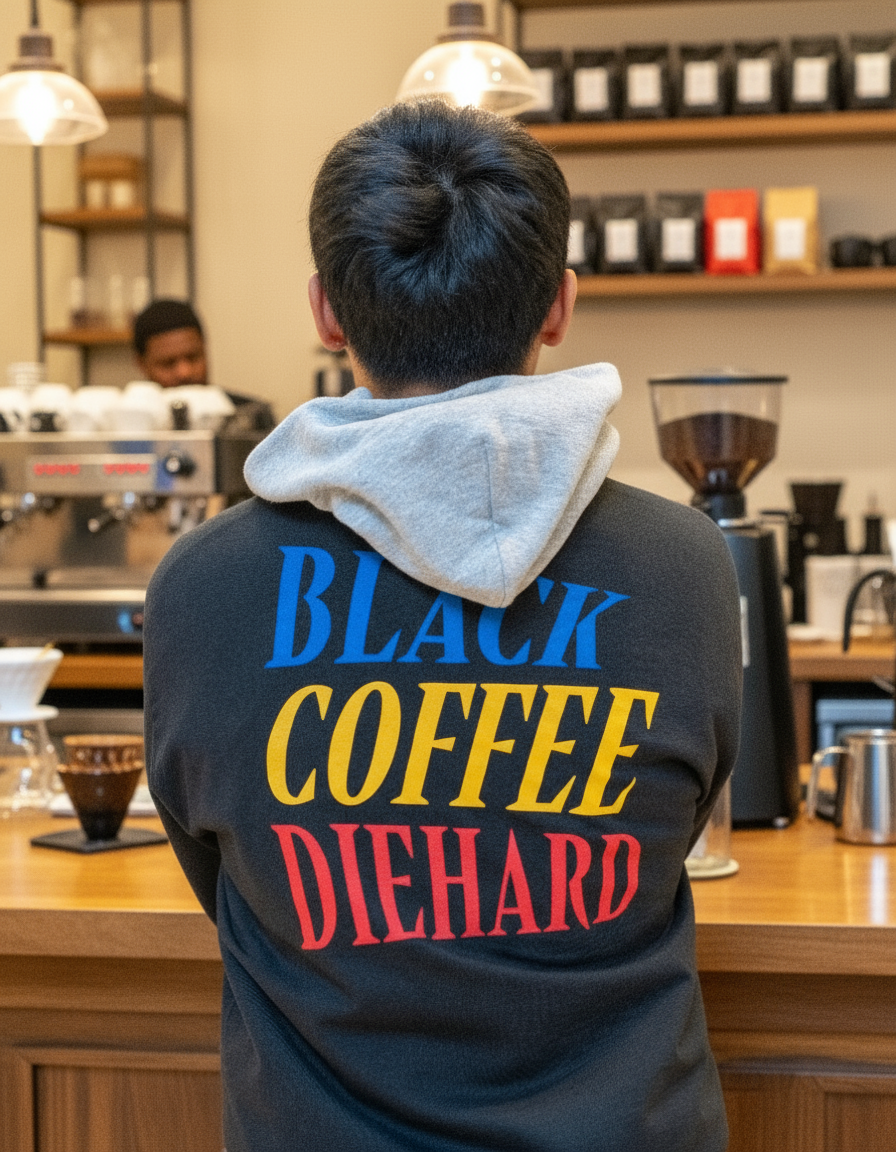 Person wearing Tshirt with 'BLACK COFFEE DIEHARD' text in a public setting