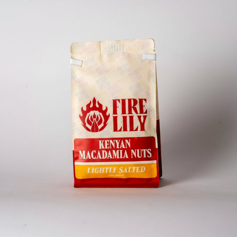 Fire Lily Lightly Salted Kenyan Macadamia Nuts packaging on a white background
