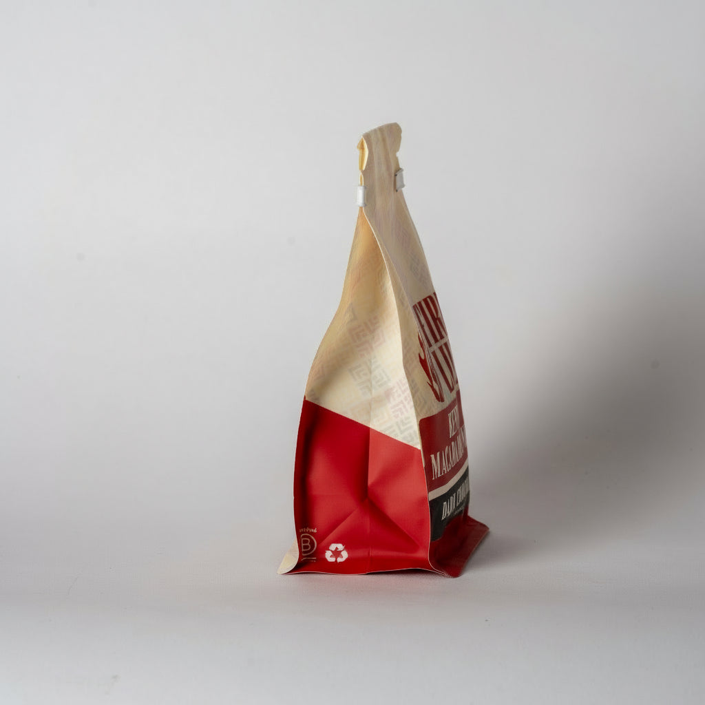 Macadamia bag with text on a white background