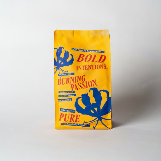 Fire Lily Back of coffee bag with blue text and graphics on a white background