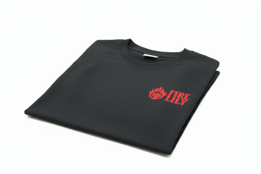 Folded black shirt with 'Fire Lily' logo on a white background