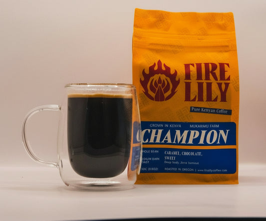 Fire Lily Champion coffee bag with a glass of coffee on a white background