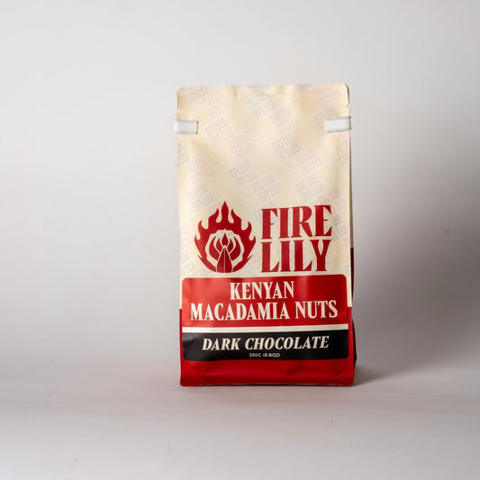 Fire Lily Kenyan Macadamia Nuts Dark Chocolate packaging on a white background
