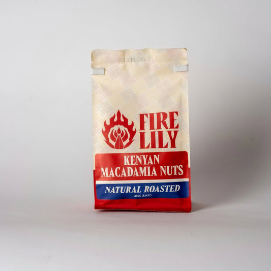 Fire Lily Kenyan Dry roasted Macadamia Nuts on a white background