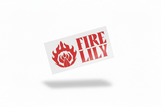 Hand holding a card with 'Fire Lily' logo and text against a blurred background