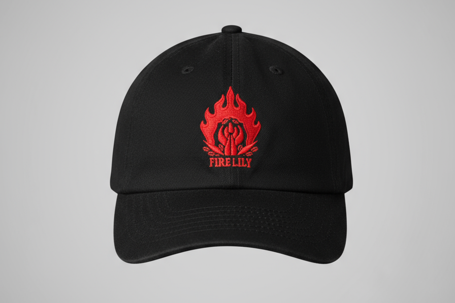 Person holding a black cap with a red logo against a natural background