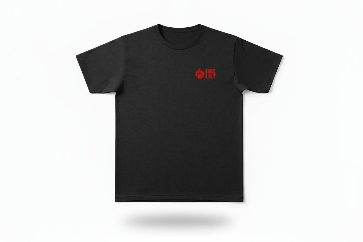 Folded gray tshirt with pink 'FIRE LILY' logo on a white background