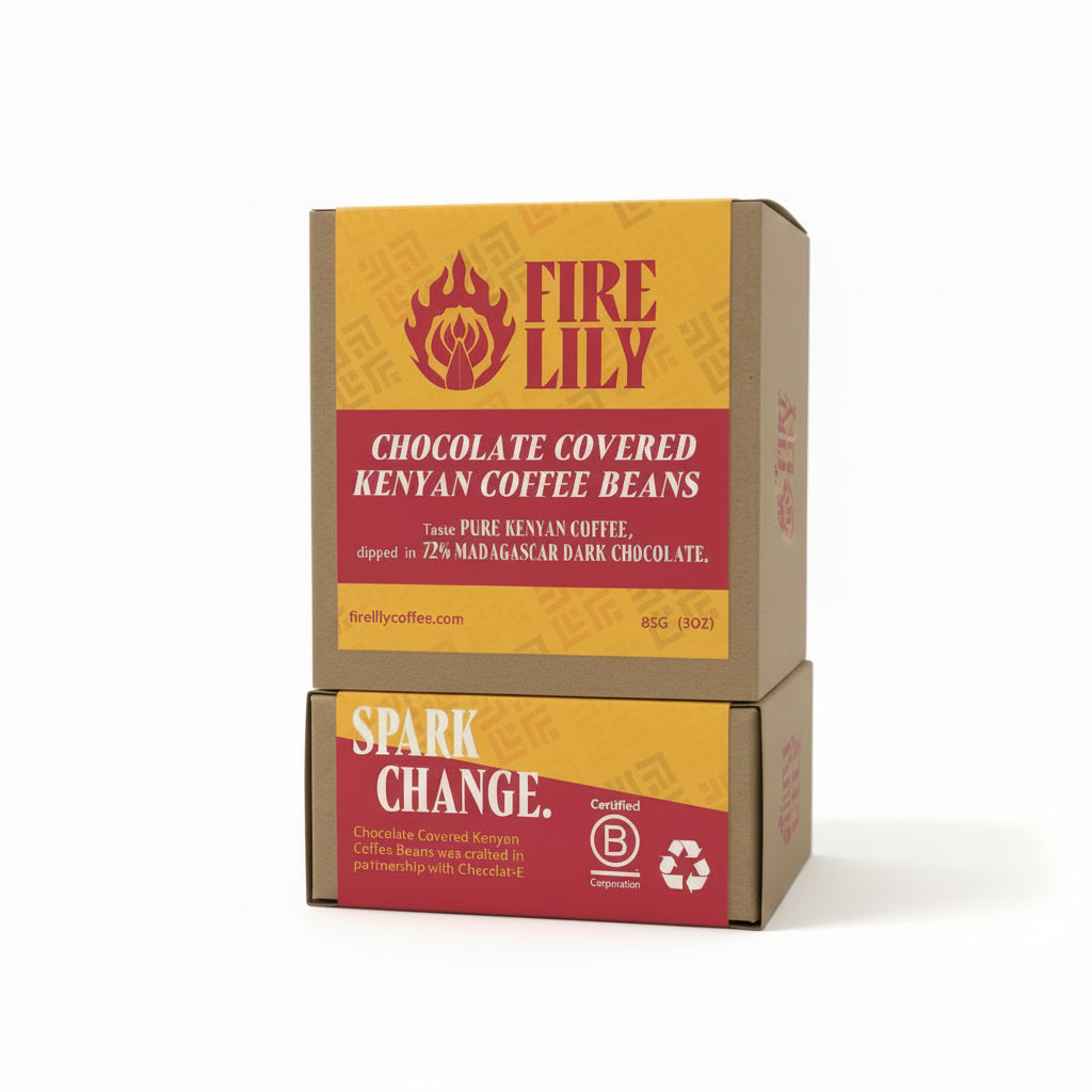 Box of Fire Lily chocolate-covered Kenyan coffee beans on a blurred background
