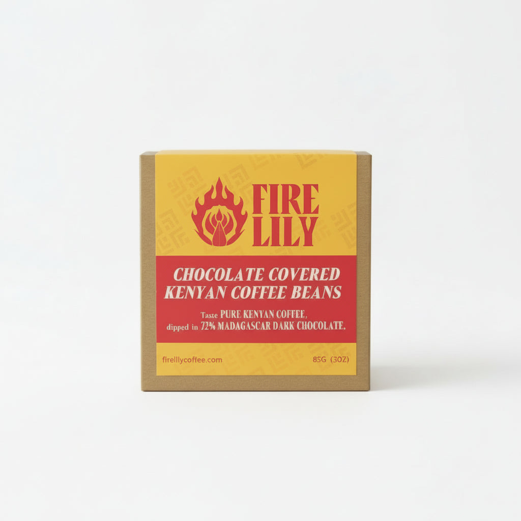 Box of Fire Lily chocolate covered Kenyan coffee beans with a yellow and red label.