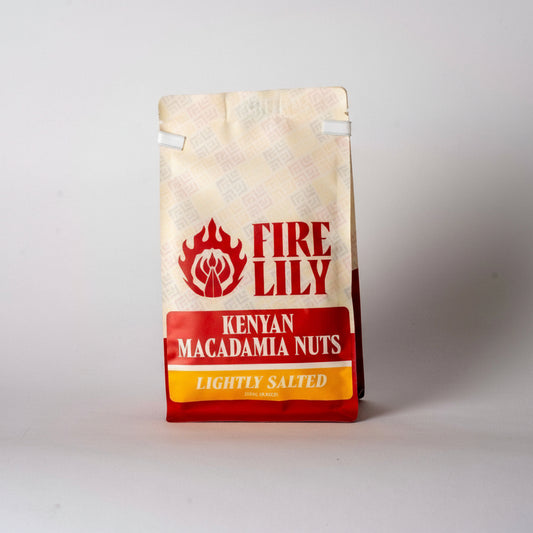 Fire Lily  Lightly Salted Kenyan Macadamia Nuts packaging on a white background