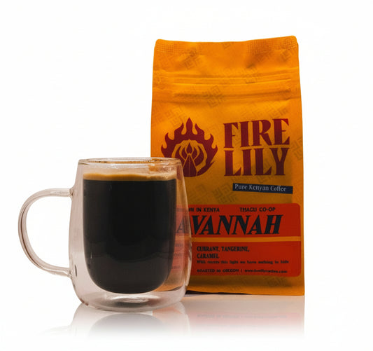 Fire Lily coffee bag with a glass of coffee on a white background